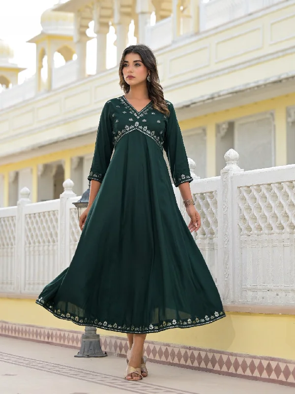 Bottle Green Mirror Embroidered Liva Rayon Dress With Sequins Formal Sequin Dress