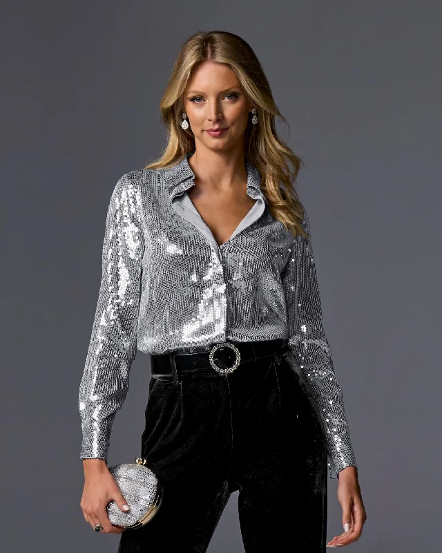 Sequin Button-Up Shirt Silver Pink Sequin Gown