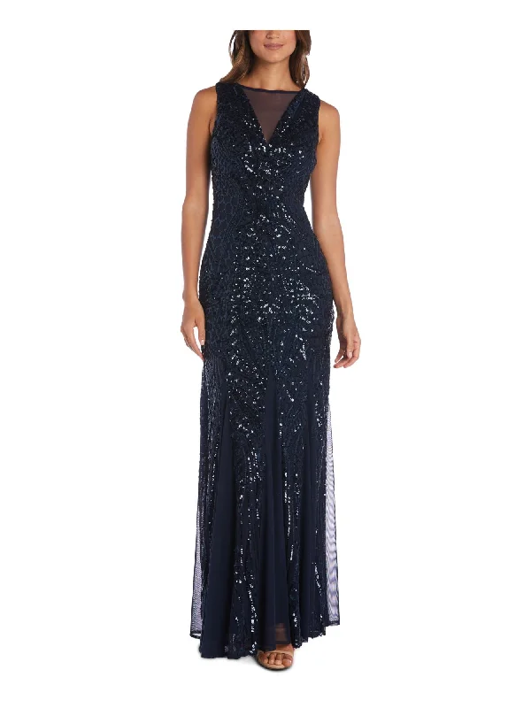 NIGHTWAY Womens Navy Sequined Zippered Mesh Gown Sleeveless Illusion Neckline Maxi Evening Dress Party Sequin Dress