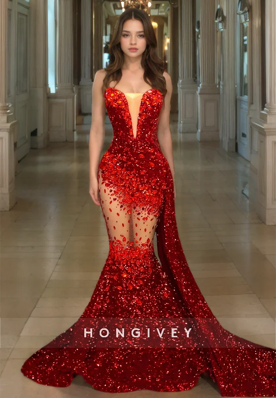 HONGIVEY Sexy Strapless Sequined Applique Mermaid with Train Evening Dress Formal Gown Sequin Dress Allure