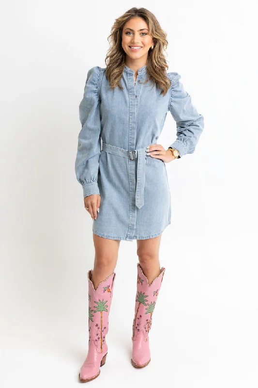 Denim Puff Sleeve Belted Dress Denim Skirt Dress