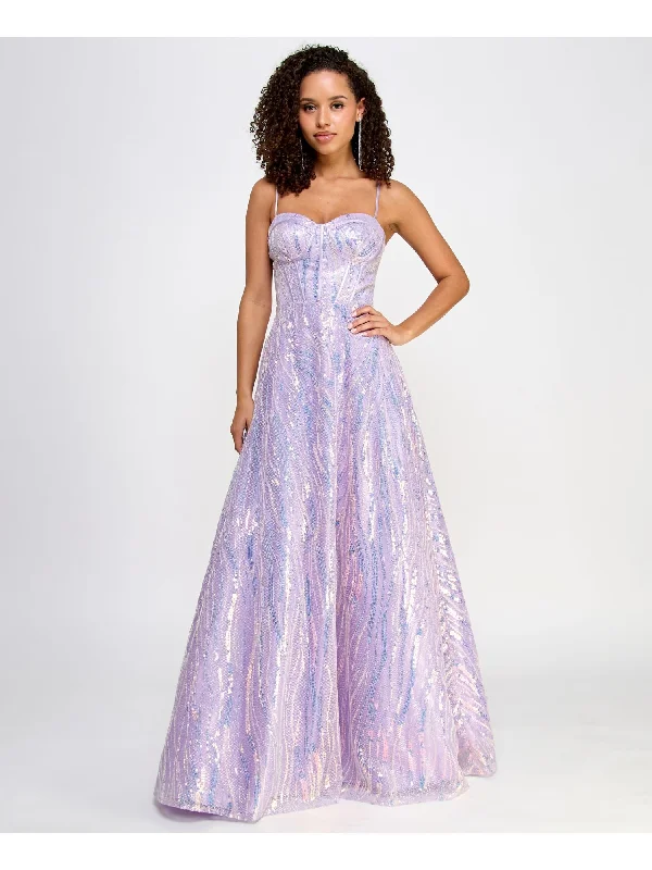 SAY YES TO THE PROM Womens Purple Sequined Zippered Lined Corset Bodice Glitter Spaghetti Strap Sweetheart Neckline Full-Length Formal Gown Dress Sexy Sequin Dress