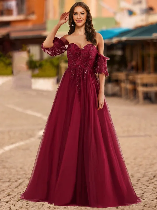 Ball Gown Sweetheart Half Sleeves Sequins Prom Dresses High Waist Sequin