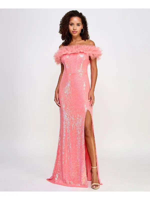 PEAR CULTURE Womens Coral Sequined Ruffled Zippered Slitted Lined Short Sleeve Off Shoulder Full-Length Formal Gown Dress Elegant Sequin Dress