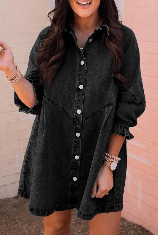 Vintage Black Button Down Denim Dress Sexy Denim Skirt