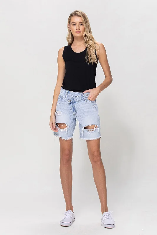 Boyfriend Cross Over Denim Shorts High Rise Denim Skirt