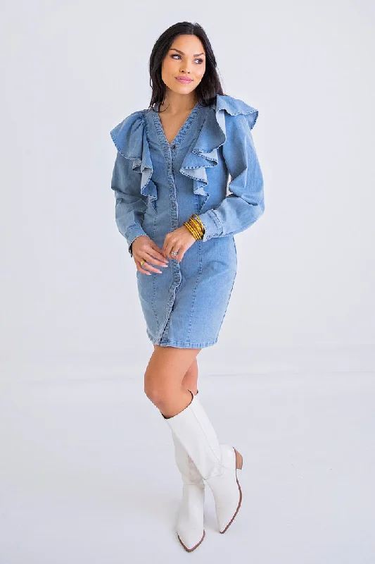 Denim Ruffle Dress Flared A-line Denim