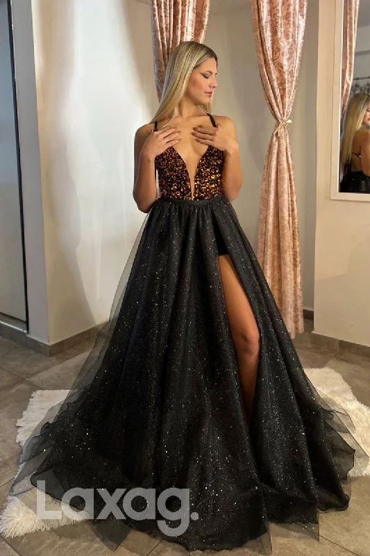 21800 - Spaghetti V Neck Sequins Thigh Slit Prom Evening Dress V-neck Sequin Dress