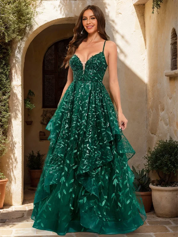 A-Line/Princess V-Neck Sleeveless Sequins Prom Dresses Sequin Dress Long