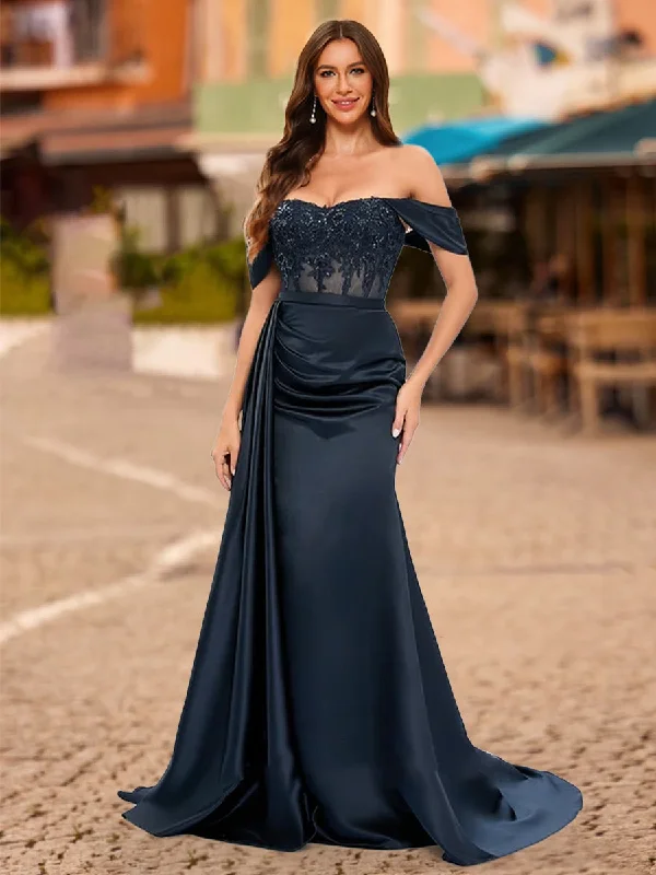 Trumpet/Mermaid Off-the-Shoulder Short Sleeves Sequins Prom Dresses Off-shoulder Sequin