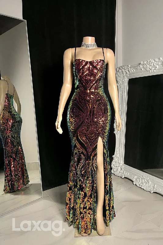 22582 - Spaghetti Straps Sequins High Slit Mermaid Prom Dresses for Black Girl Slay Sequin Dress Night