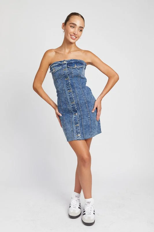 BUTTON DOWN TUBE DENIM DRESS High-Waisted Denim Skirt