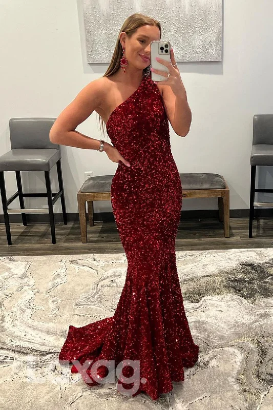 20772 - Unique One Shoulder Sequins Burgundy Prom Dress Sequin Dress Look