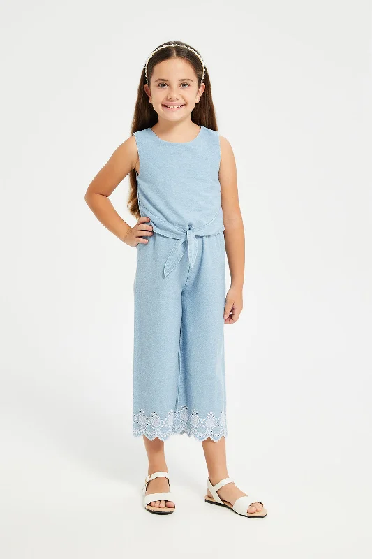 Girls Blue Denim Schiffly Hem Jumpsuit Flared Denim Skirt