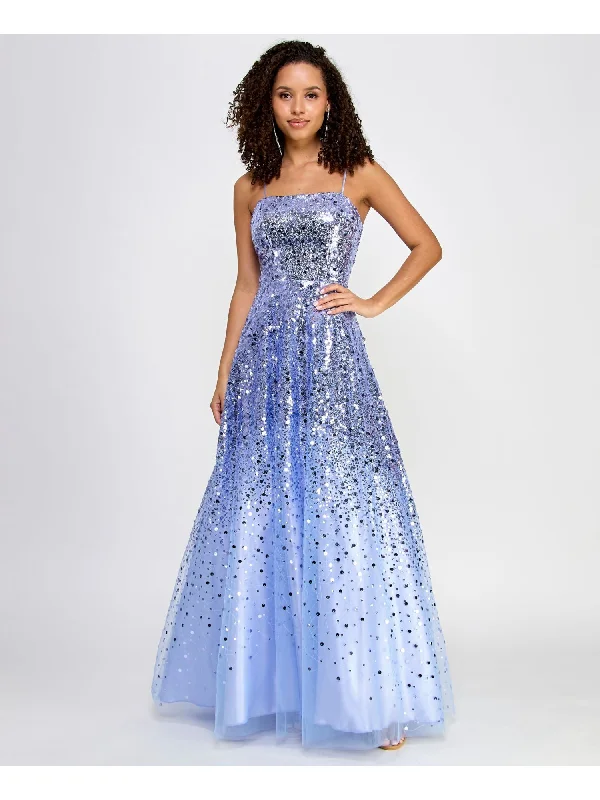 SAY YES TO THE PROM Womens Blue Mesh Sequined Zippered Adjustable Lined Ombre Spaghetti Strap Square Neck Full-Length Prom Gown Dress Sequin Evening Dress