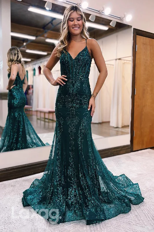 13117 - Spaghetti Straps V-Neck Sequin Appliques Long Mermaid Prom Formal Dresses Blue Sequin Dress