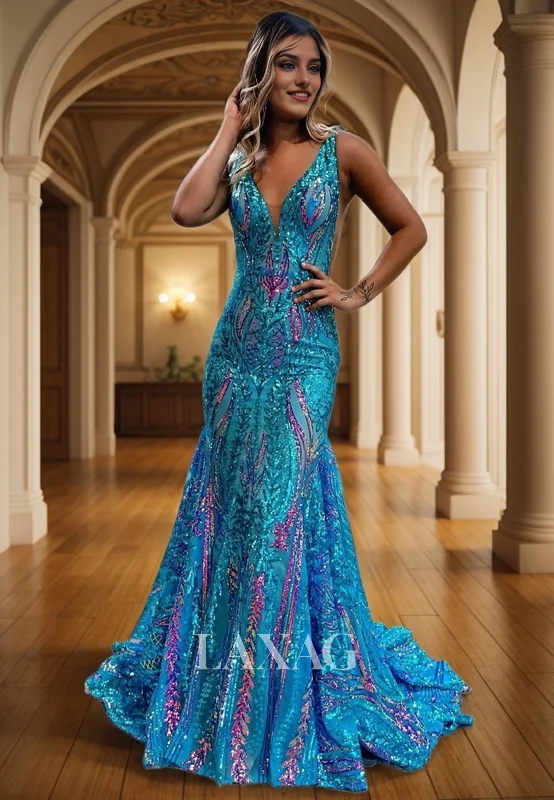 12752 - V-Neck Ruched Multi Color Sequined Mermaid Prom Evening Dress Elegant Sequin Gown