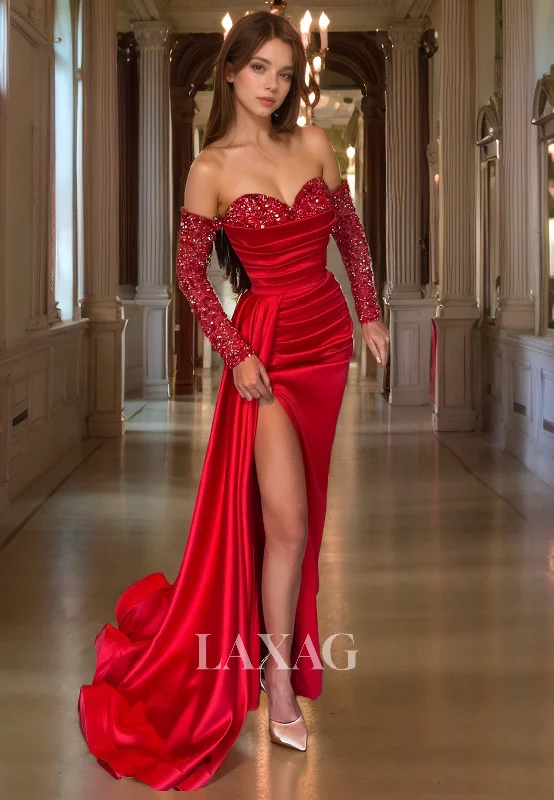 21853 - Sleeves Thigh Slit Sequins Satin Red Prom Evening Dress Sequin Mini Dress