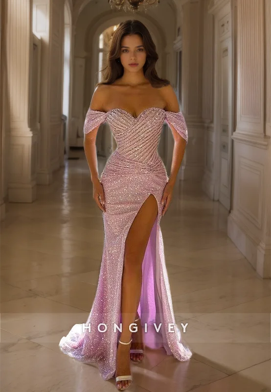 HONGIVEY Sparkle Pink Sequins Evening Dress Elegant Off-Shoulder Side Slit Mermaid Prom Gown Silver Glitter Sequin