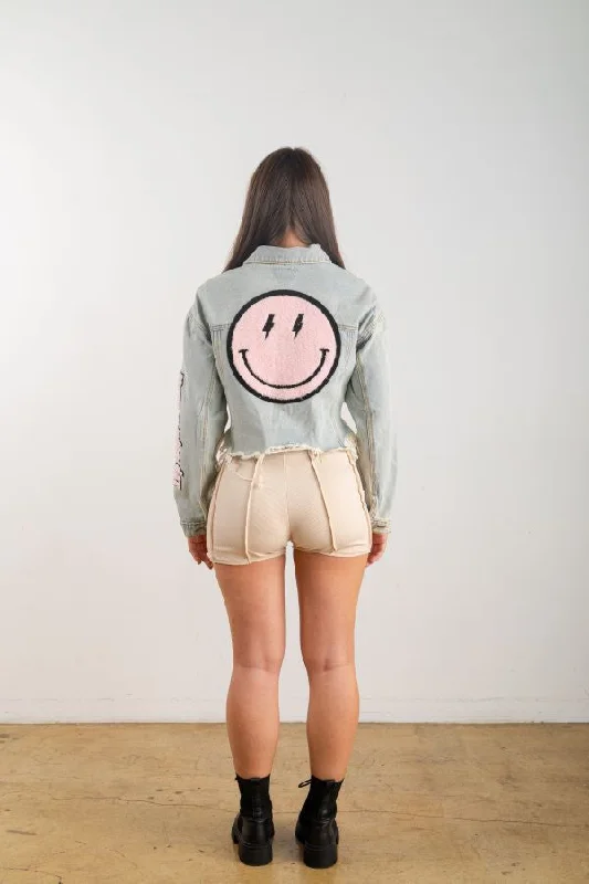 Smiley Crop Denim Jacket Skirt with Pockets