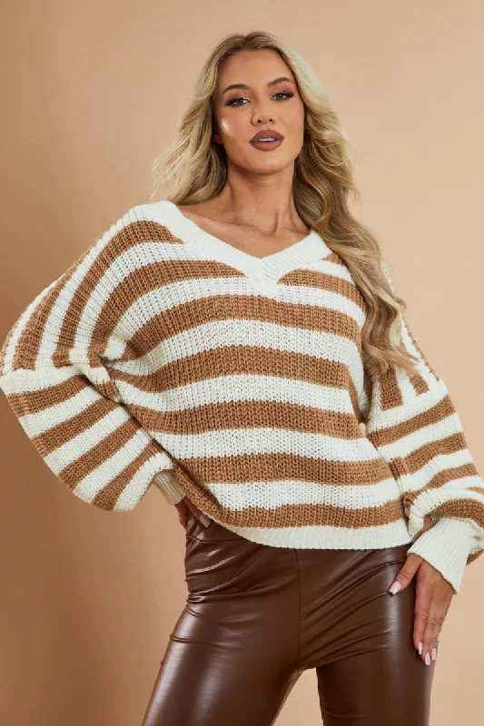 Camel Striped Chunky Knit Oversized Cardigan - Pedra Colorblock Pullover Sweater