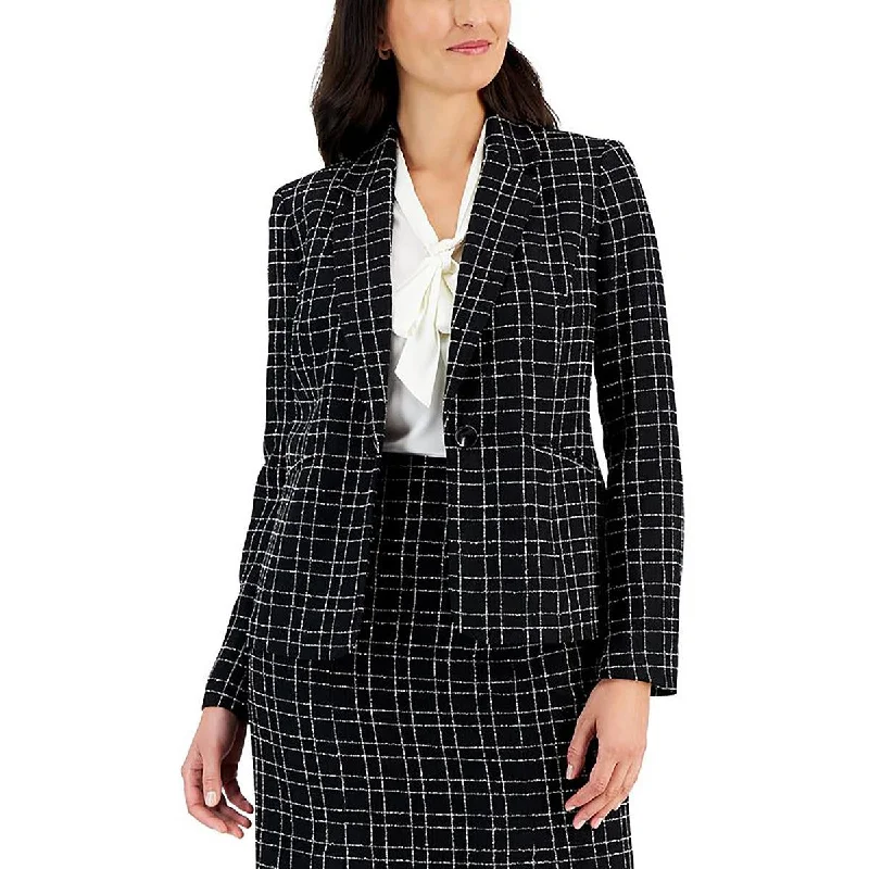 Petites Womens Plaid Office One-Button Blazer Structured Blazer Look