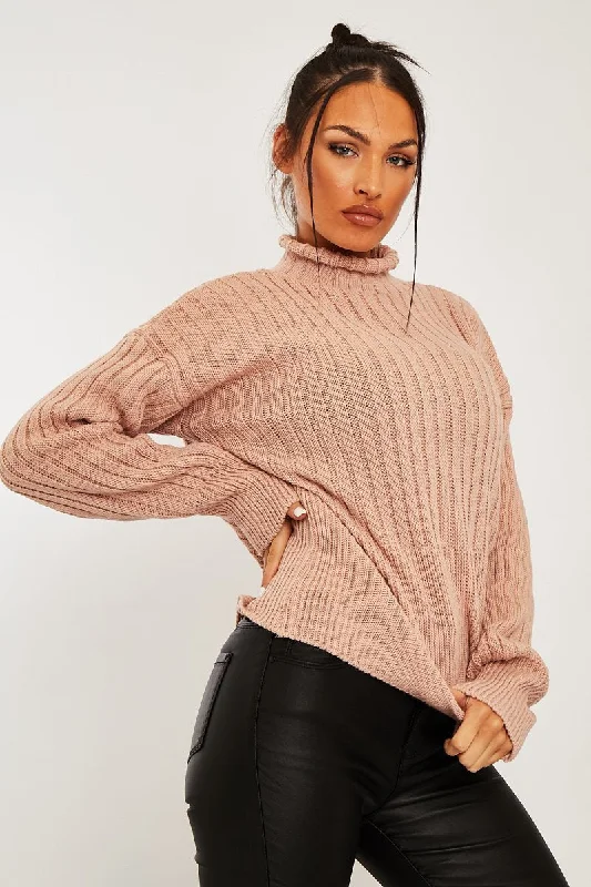 Nude Ribbed Balloon Sleeve Jumper - Jamora Pullover for Layering