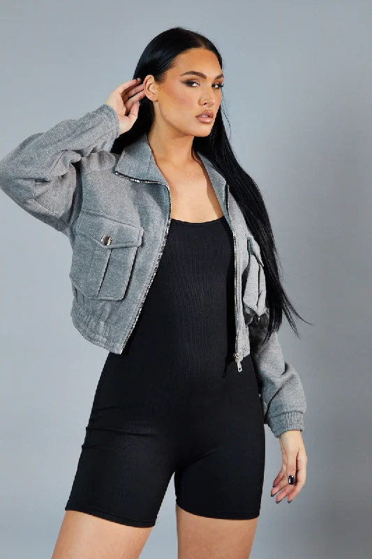 Grey Cargo Pocket Sweatshirt Jacket - Ovella Soft Women’s Pullover