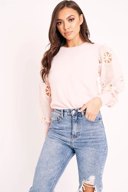 Pink Fluffy Yarn Crochet Mesh Sleeve Jumper - Brigitte Oversized Knit Pullover