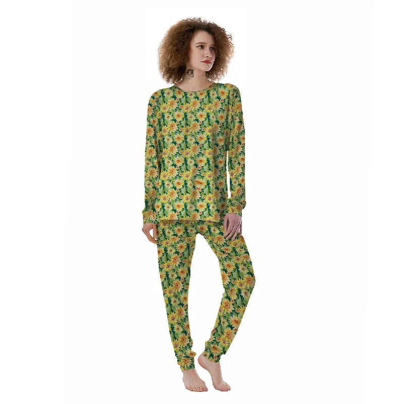 Sunflower Green Watercolor Print Pattern Women's Pajamas Jogger pajama sets