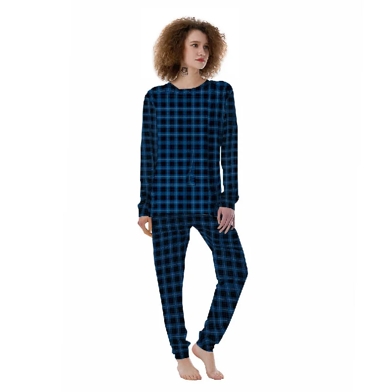 Tartan Dark Blue Print Pattern Women's Pajamas Flannel pajama sets