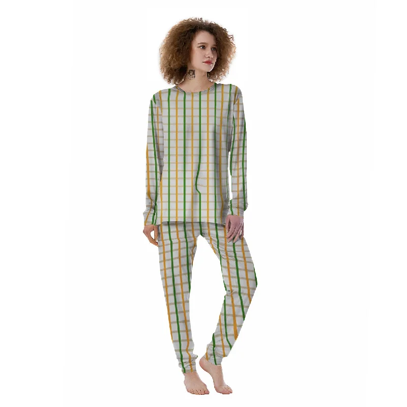 Tattersall Orange And Green Line Print Women's Pajamas Pajama sets with pockets