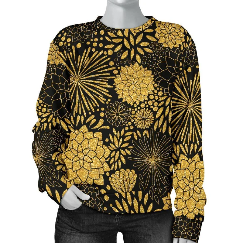 Gold Glitter Floral Pattern Print Women's Sweatshirt Formal sweaters