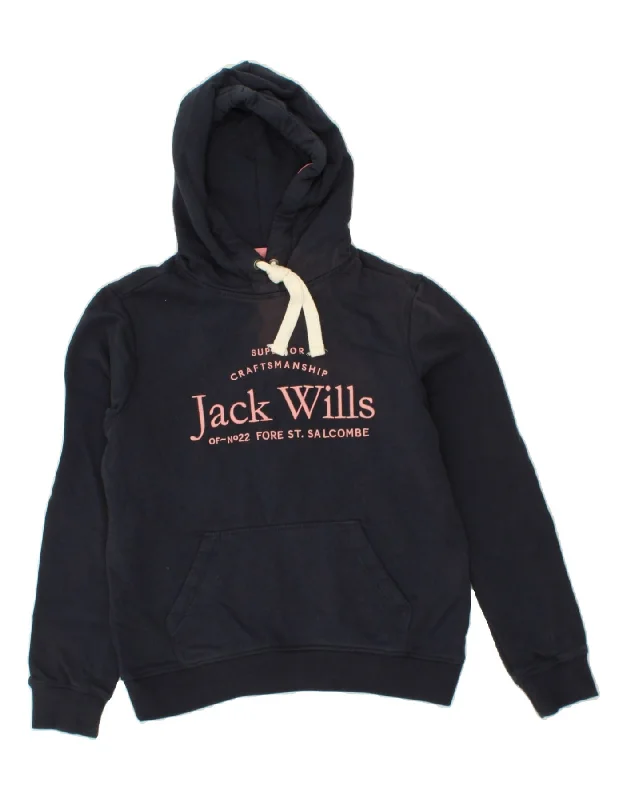 JACK WILLS Womens Superior Graphic Hoodie Jumper UK 12 Medium  Navy Blue Best sweaters for travel