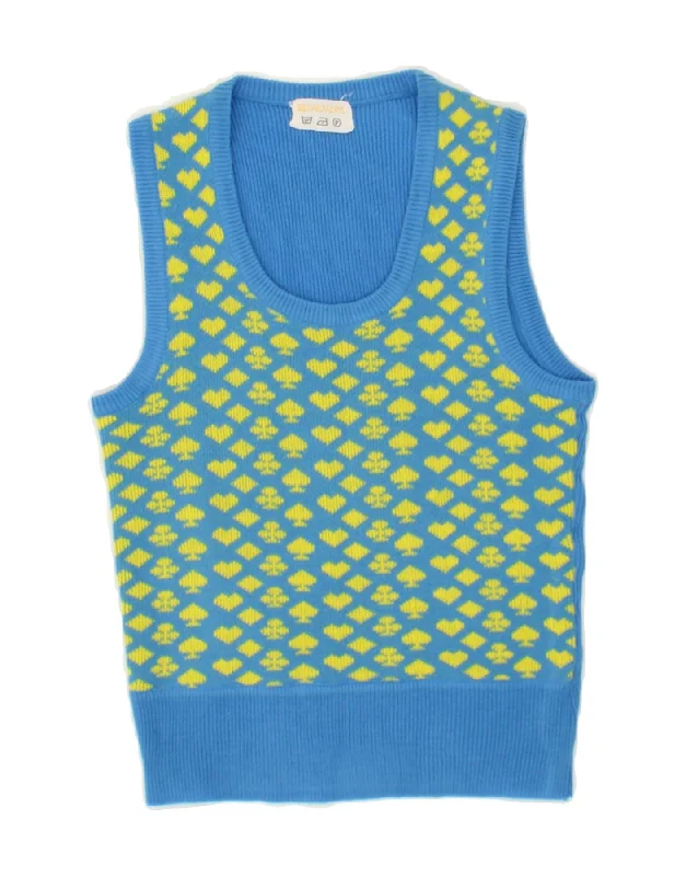 VINTAGE Womens Abstract Pattern Vest Tank Top UK 8 Small Blue Polyester Thanksgiving sweaters