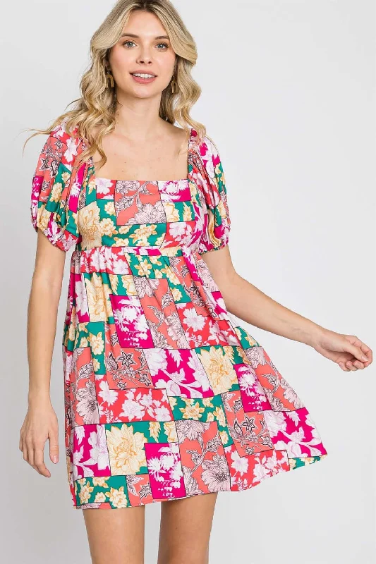 Floral Ruff Sleeve Mini Dress Preppy mini dresses