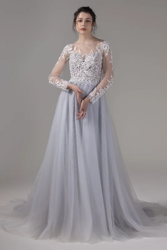 A-Line Chapel Train Lace Tulle Wedding Dress CW2809 Classic Bridal Dress