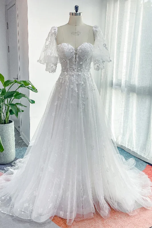 A-Line Court Train Lace Tulle Wedding Dress CW3161 Full Skirt Wedding