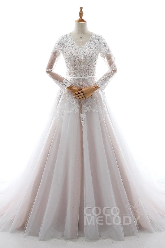 A-Line Court Train Tulle and Lace Wedding Dress LD5693 Open Back Dress