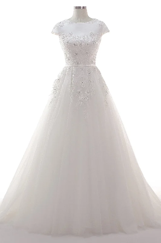 A-Line Court Train Tulle Lace Wedding Dress CW2458 Illusion Lace Gown