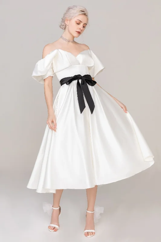 A-Line Tea Length Satin Wedding Dress CW2407 Vintage Lace Dress