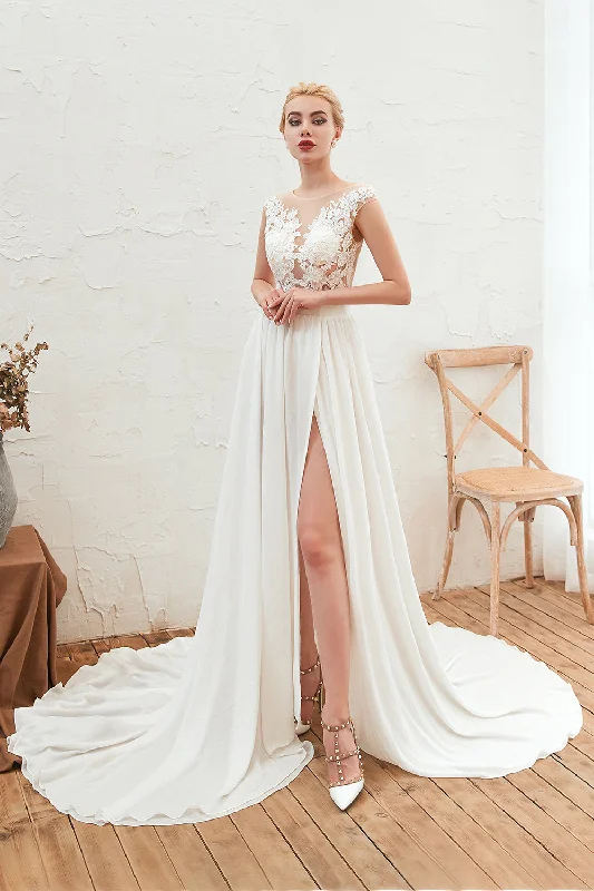 Bateau Neck A-Line Chiffon Wedding Dress with Lace Appliques, Ruffles, and Slit Soft Satin Bridal