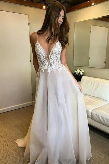 Deep V-neck Spaghetti Straps Lace Appliqued Beach Wedding Dress N215 Boho Chic Gown