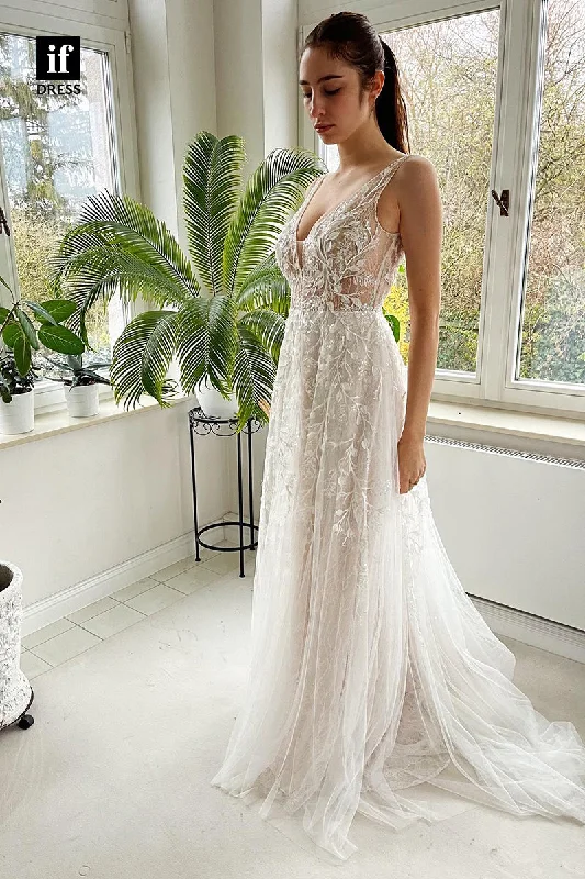 31669 - Romantic Beaded Lace V-neck A line Rustic Wedding Dress Off-shoulder Gown