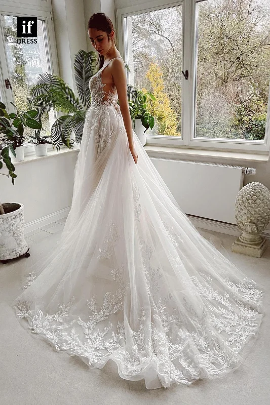 31670 - A Line Attrative V-Neck Lace Appliques Rustic Wedding Dress Beaded Lace Wedding