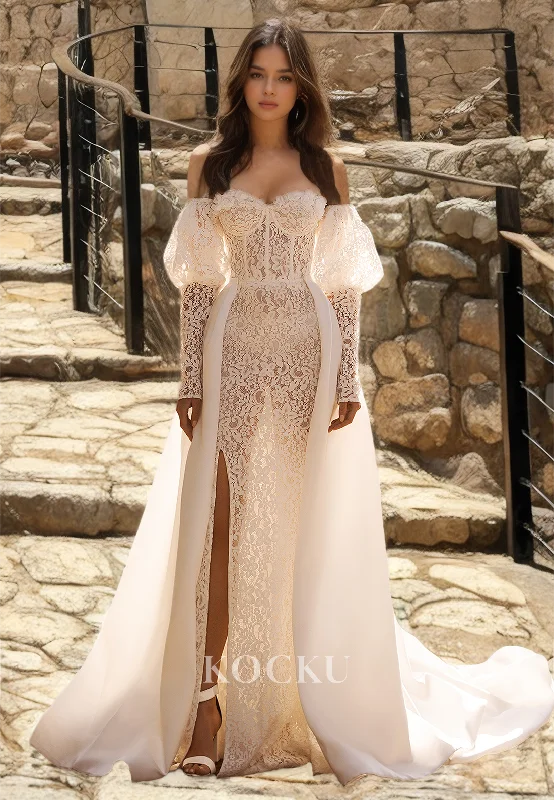 Sweetheart Long Sleeves Sheath Train Sheer Appliques Lace Wedding Dress with Detachable Overskirt Strapless Wedding Gown