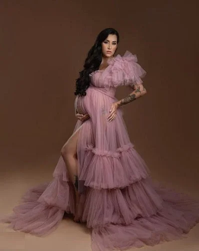 G2009, Peach frill One Shoulder Maternity Shoot Trail Gown With Inner, Size (All)pp Elegant A-line Gown