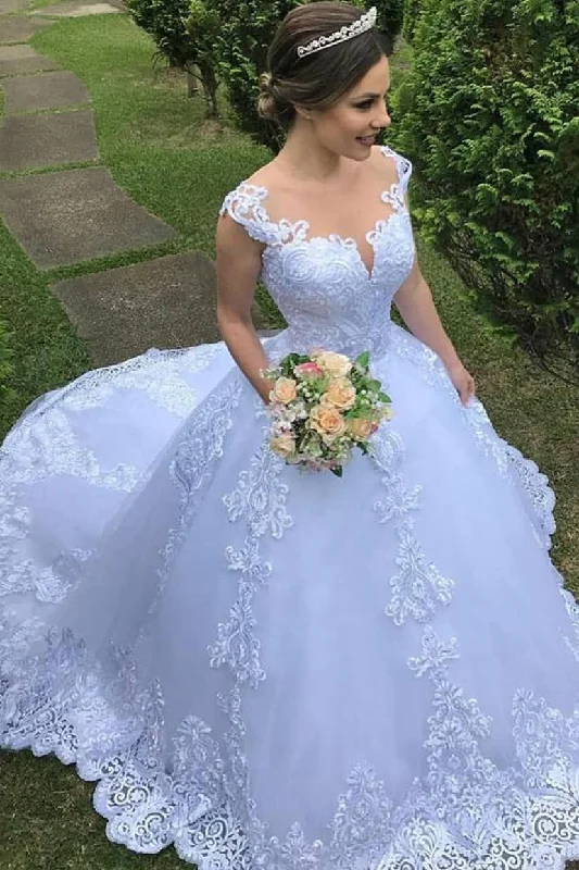 Gorgeous Tulle Ball Gown Lace Wedding Dresses with Appliques Silk Bridal Dress