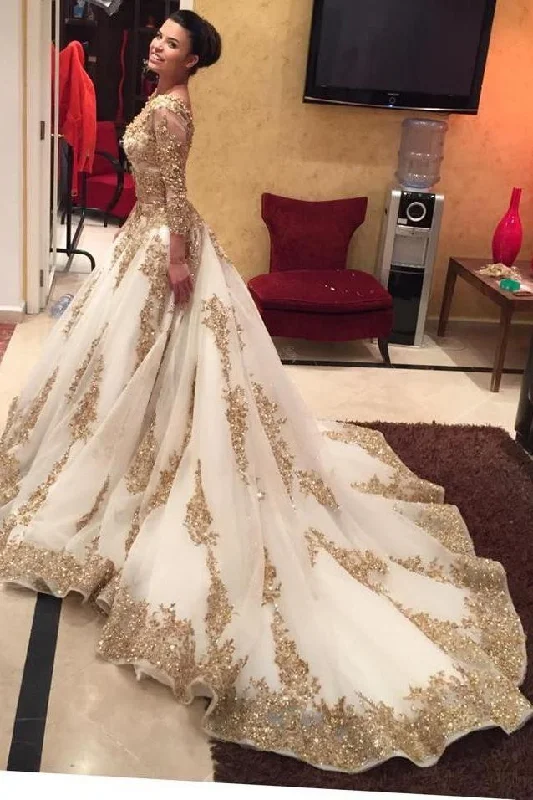 Luxurious Gold Lace Appliques 3/4 Sleeves V Neck Ball Gown Tulle Wedding Dress,Big Prom Dress,N309 Lace Back Wedding