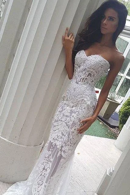 Mermaid Sweetheart Long Lace Wedding Dress,Strapless Sweep Train Bridal Dress,N523 Beaded Wedding Gown